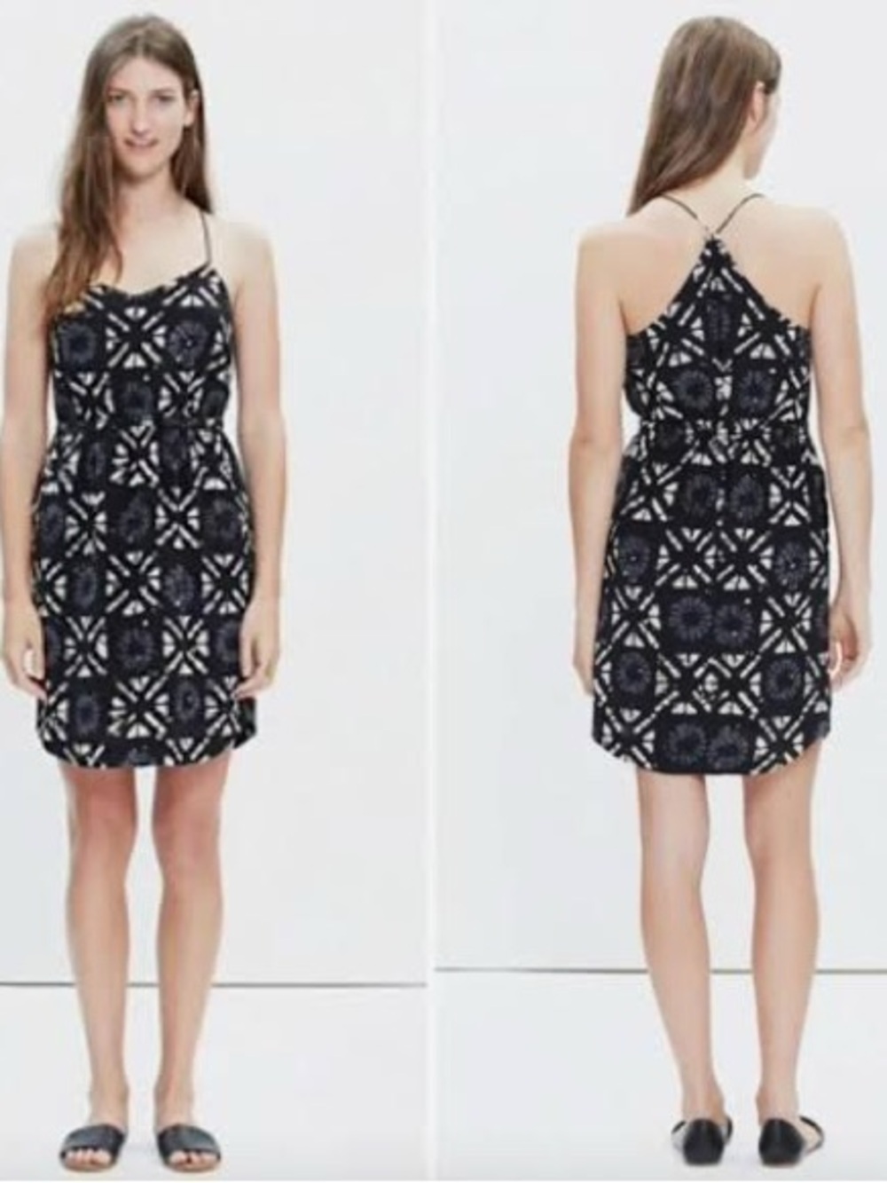 Madewell Black geometric  Strappy Mini Dress 100% silk size 8